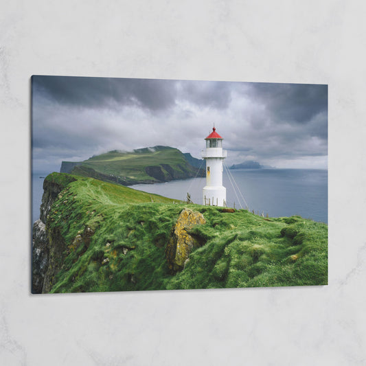 White Lighthouse on a Stormy Cliff, Coastal Canvas Wall Art on gallery wrap
