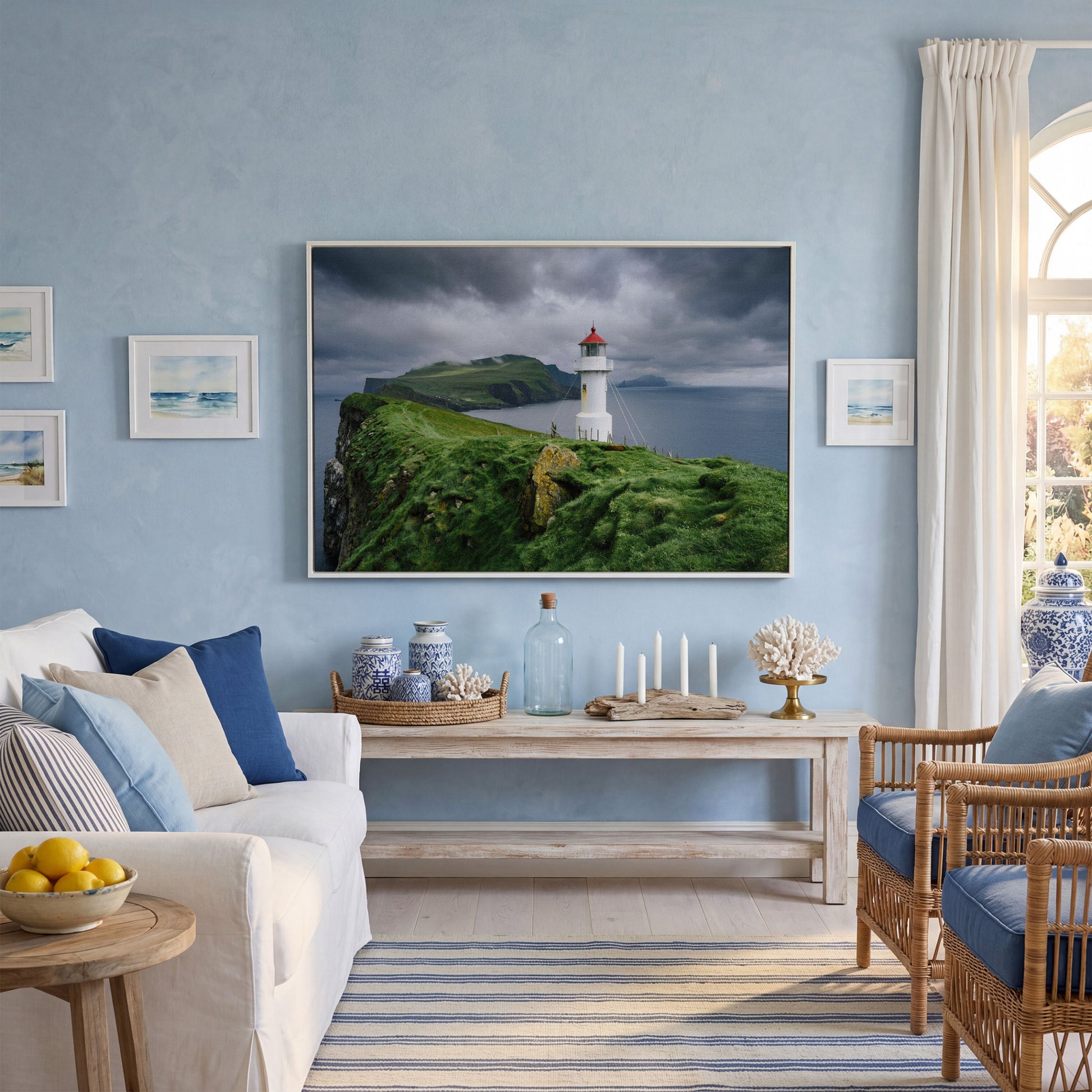 White Lighthouse on a Stormy Cliff, Coastal Canvas Wall Art in white floating frame