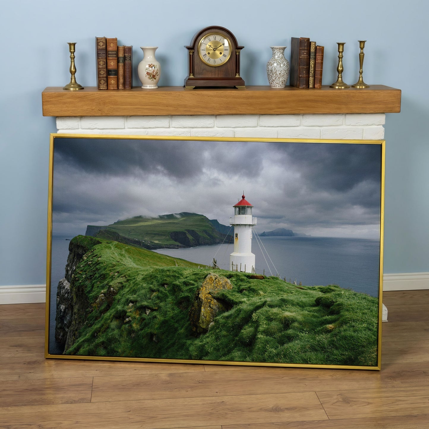 White Lighthouse on a Stormy Cliff, Coastal Canvas Wall Art in yellow gold floating frame