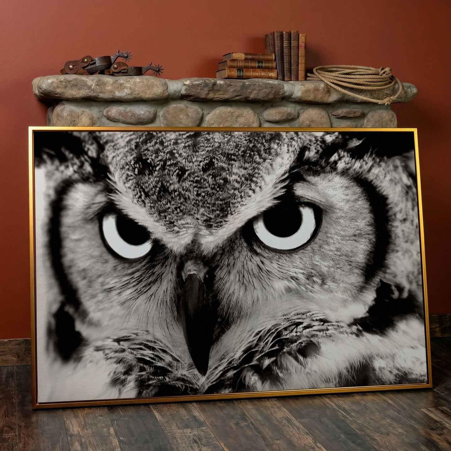 Owl Close-Up Canvas Art: Eyes, Beak and Feather Detail in antique gold floating frame