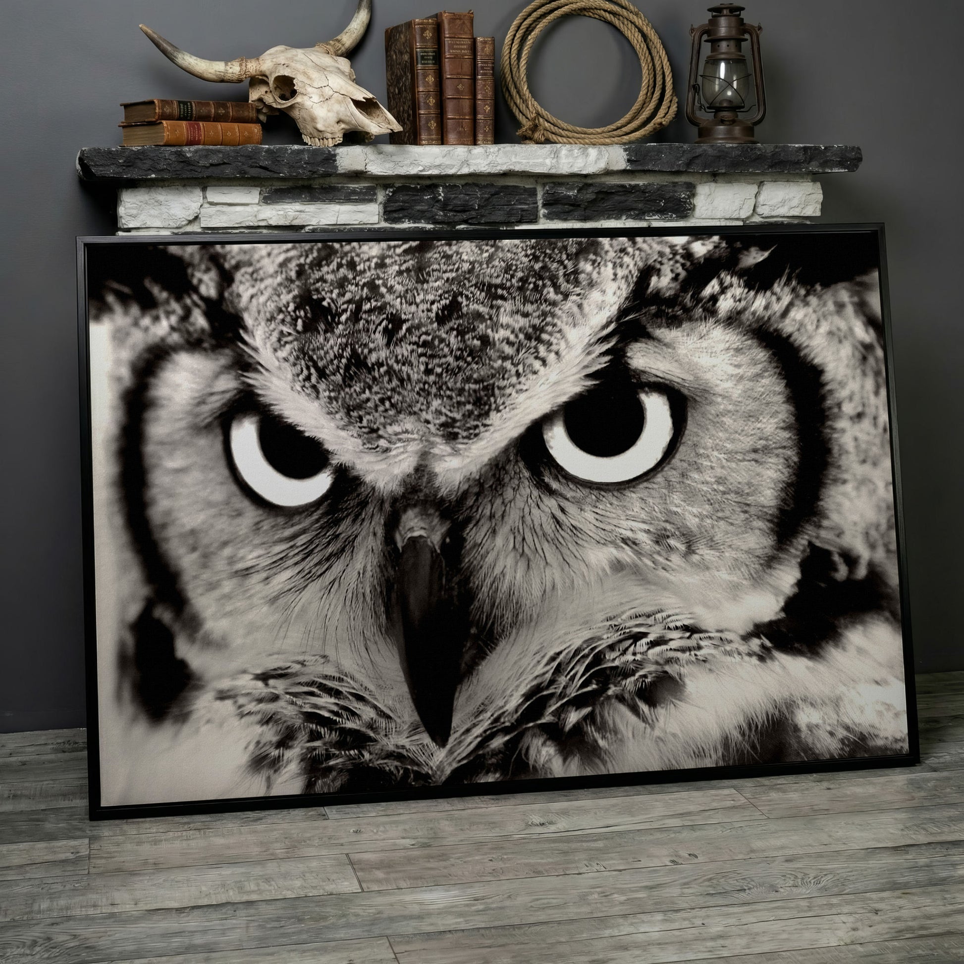 Owl Close-Up Canvas Art: Eyes, Beak and Feather Detail in black floating frame