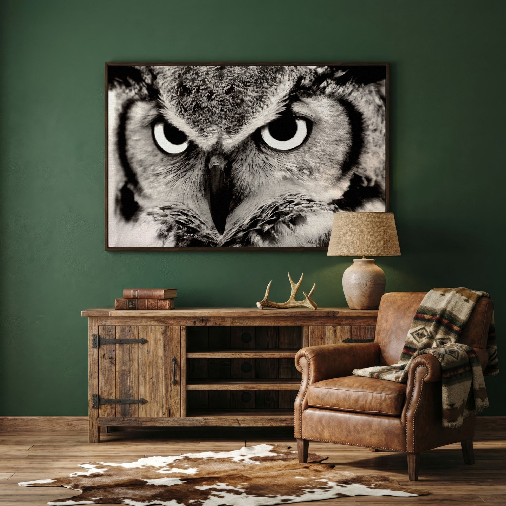 Owl Close-Up Canvas Art: Eyes, Beak and Feather Detail in dark walnut floating frame