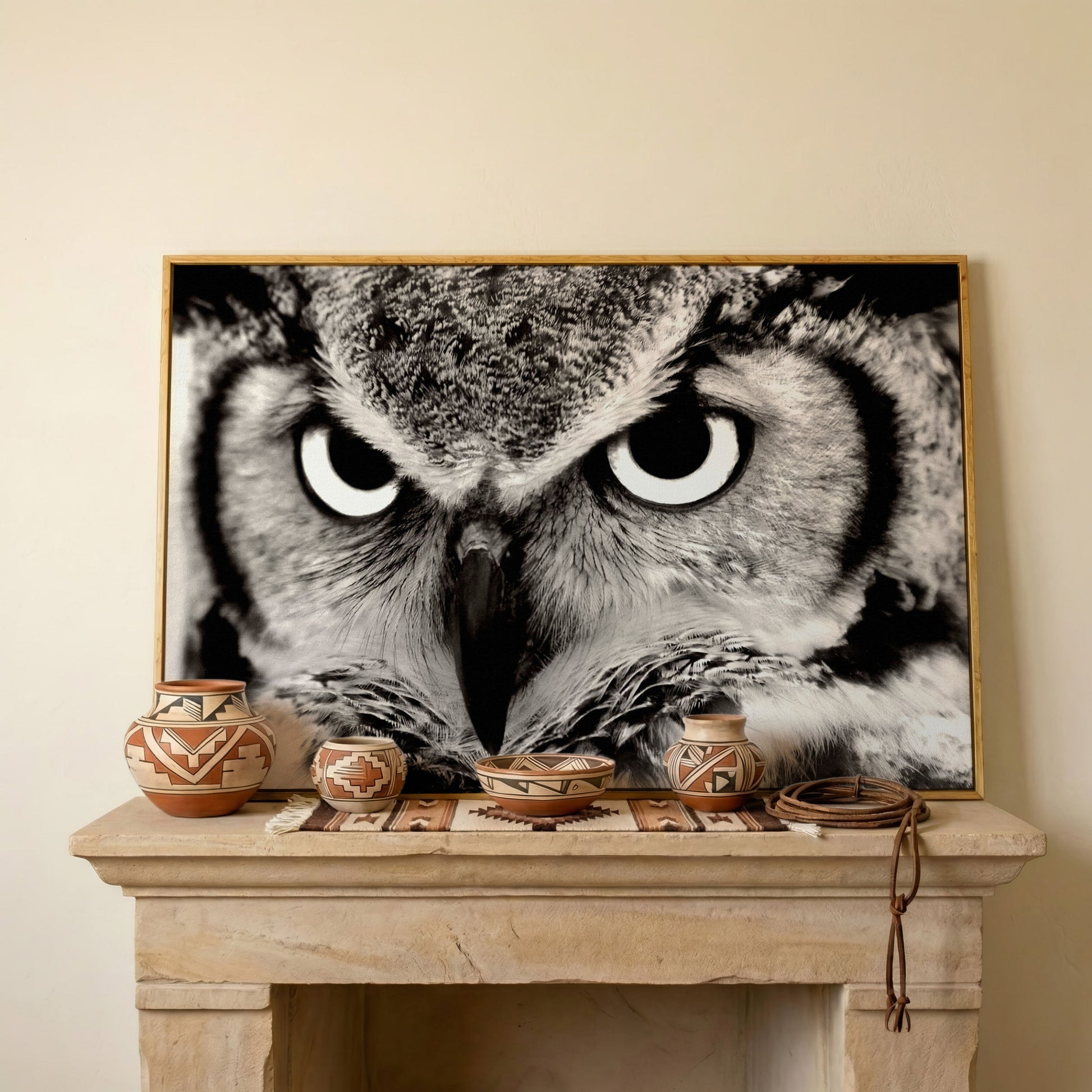 Owl Close-Up Canvas Art: Eyes, Beak and Feather Detail in white oak floating frame