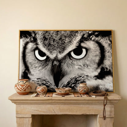 Owl Close-Up Canvas Art: Eyes, Beak and Feather Detail in white oak floating frame