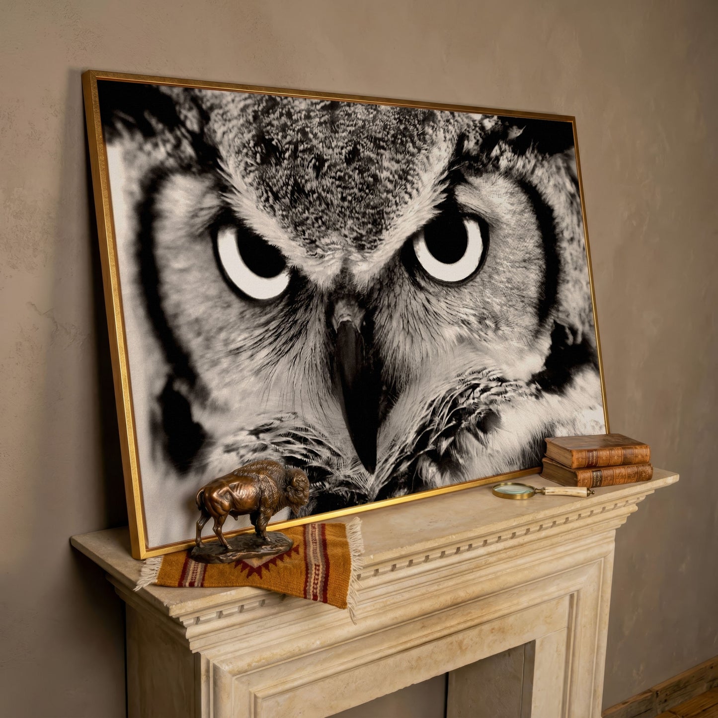 Owl Close-Up Canvas Art: Eyes, Beak and Feather Detail in rose gold floating frame