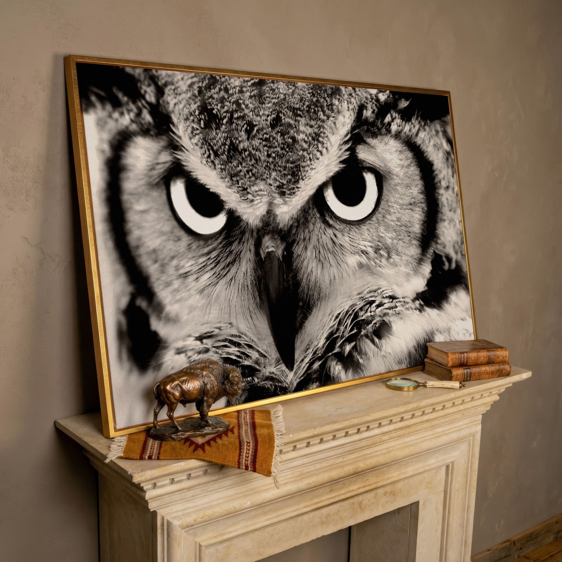 Owl Close-Up Canvas Art: Eyes, Beak and Feather Detail in rose gold floating frame