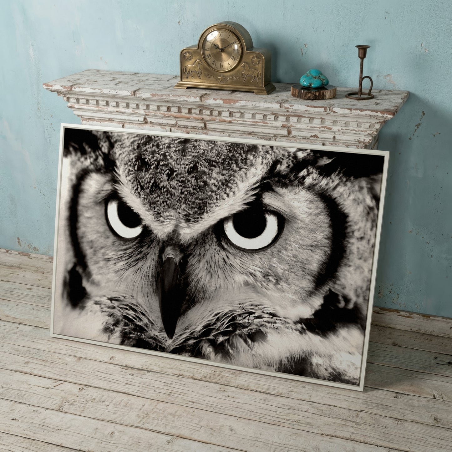 Owl Close-Up Canvas Art: Eyes, Beak and Feather Detail in white floating frame