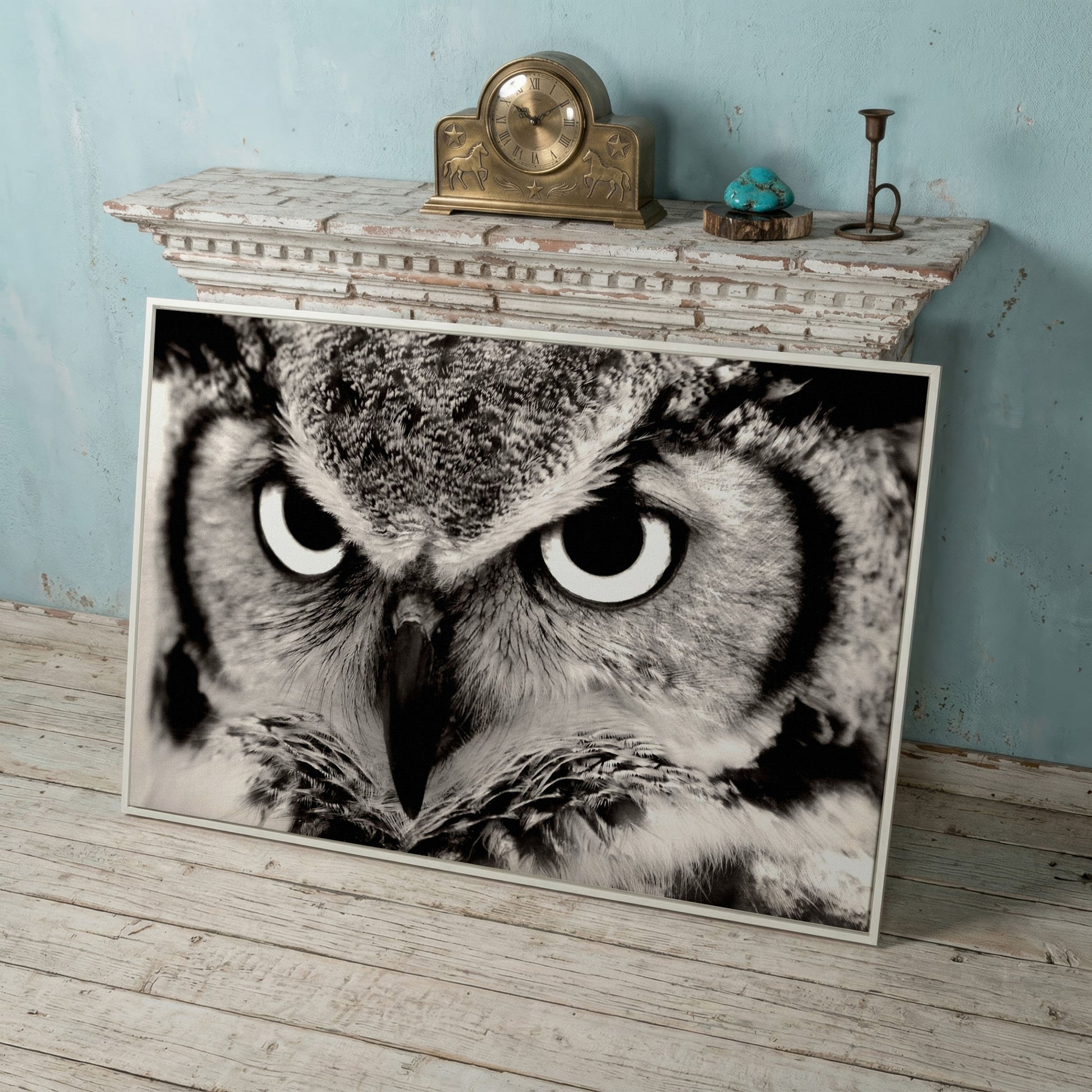 Owl Close-Up Canvas Art: Eyes, Beak and Feather Detail in white floating frame