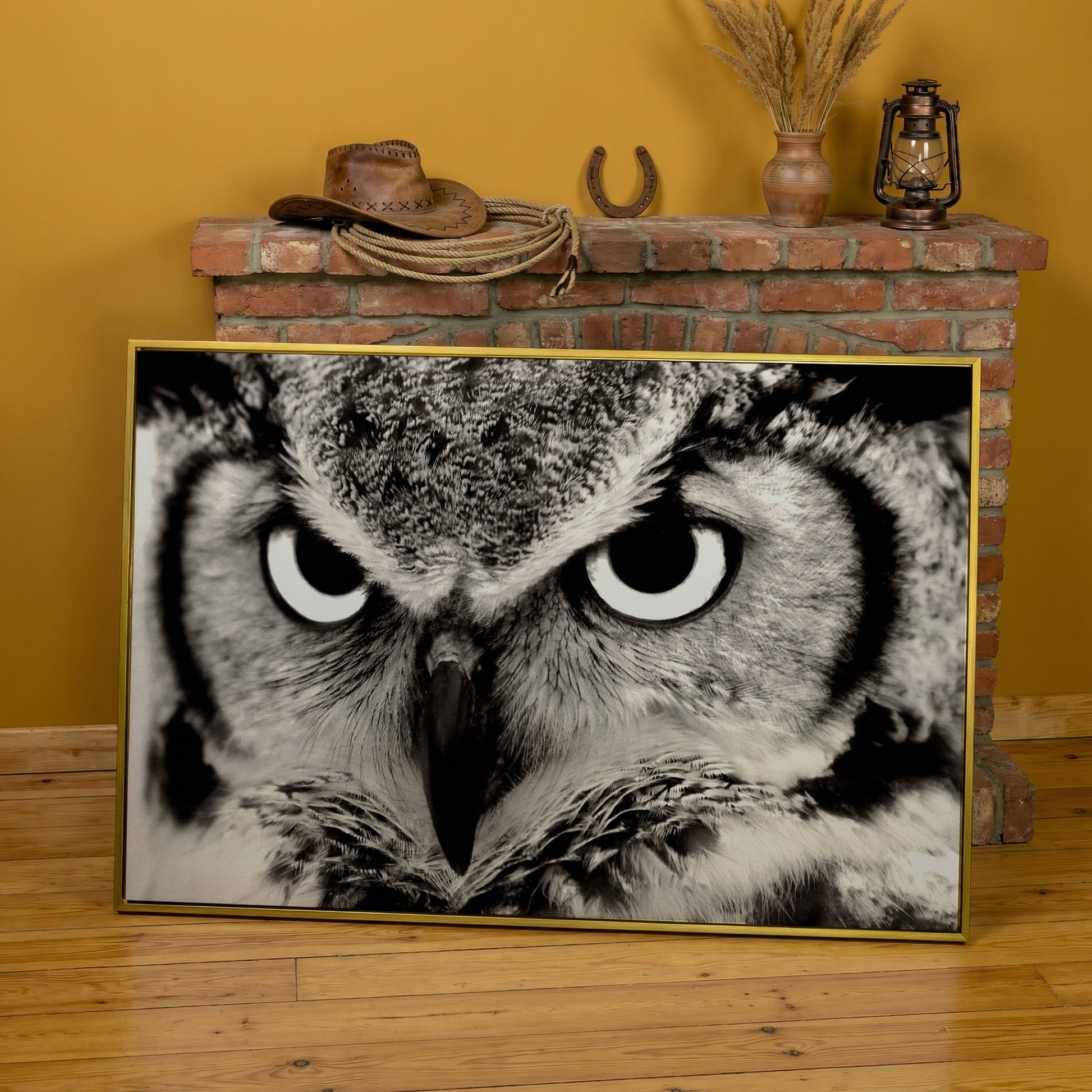 Owl Close-Up Canvas Art: Eyes, Beak and Feather Detail in yellow gold floating frame