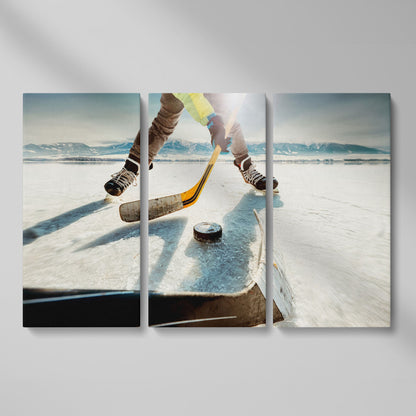 Outdoor Ice Hockey Action Canvas Wall Art with Mountain View as 3-panel split version