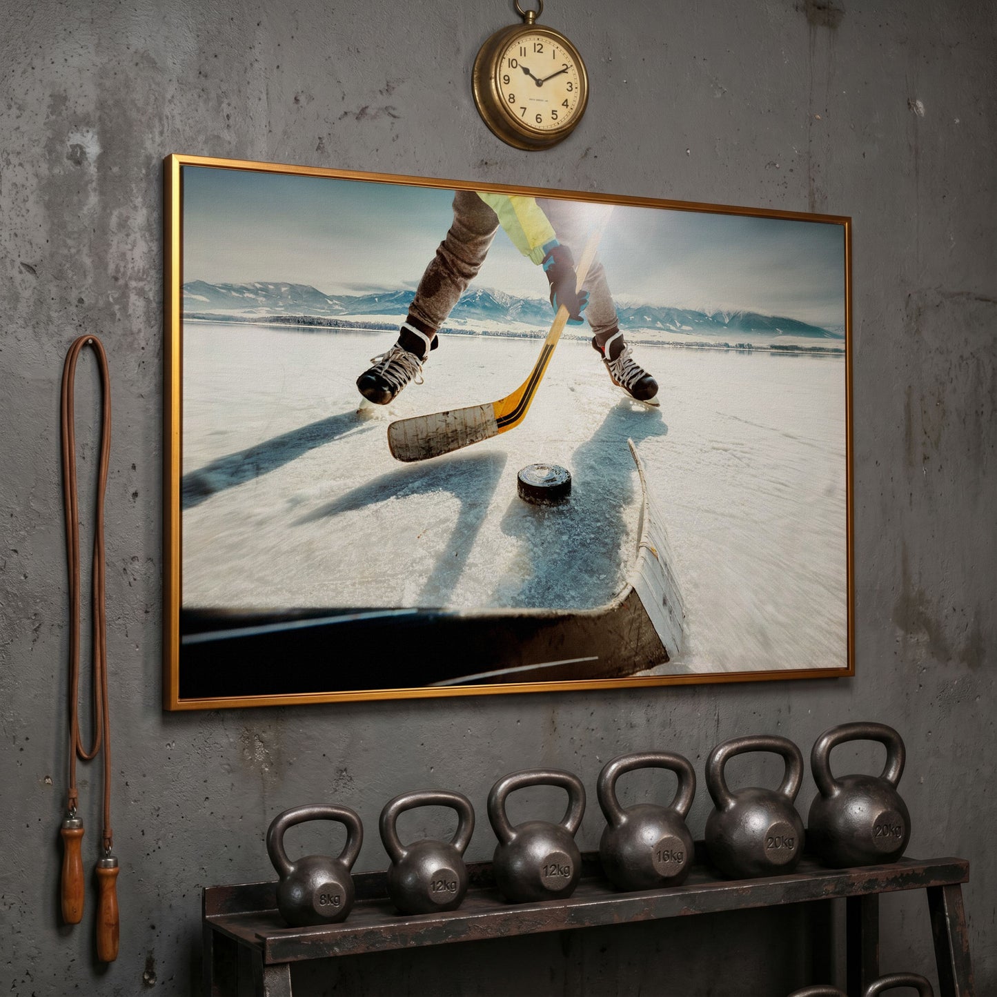 Outdoor Ice Hockey Action Canvas Wall Art with Mountain View in antique gold floating frame