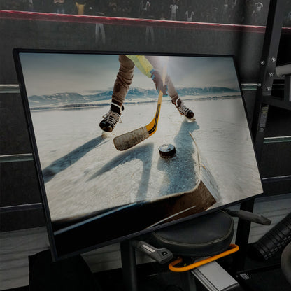 Outdoor Ice Hockey Action Canvas Wall Art with Mountain View in black floating frame