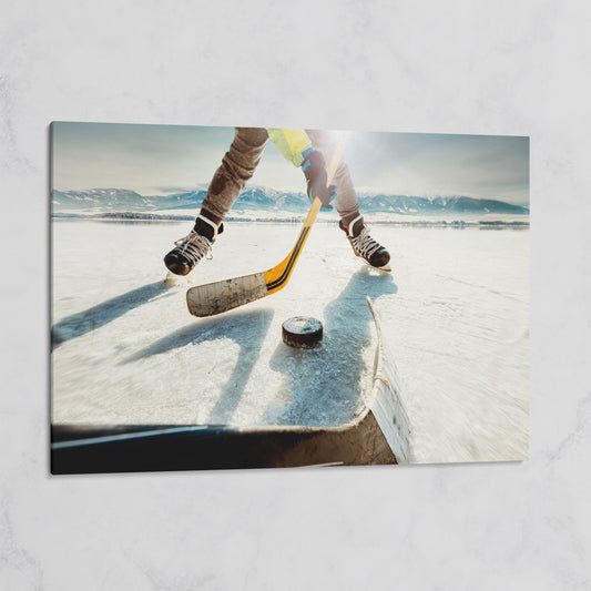 Outdoor Ice Hockey Action Canvas Wall Art with Mountain View on gallery wrap