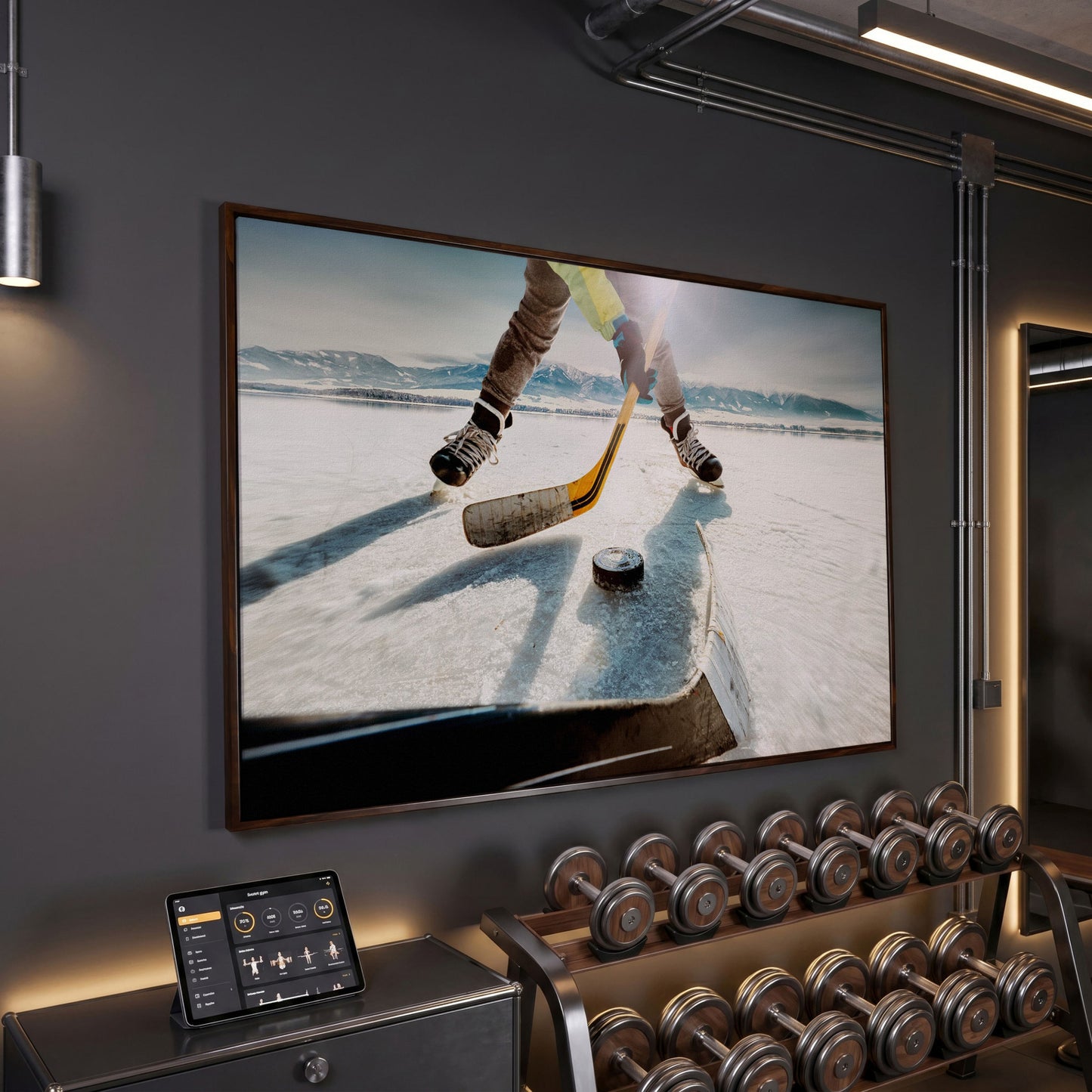 Outdoor Ice Hockey Action Canvas Wall Art with Mountain View in dark walnut floating frame