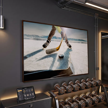 Outdoor Ice Hockey Action Canvas Wall Art with Mountain View in dark walnut floating frame