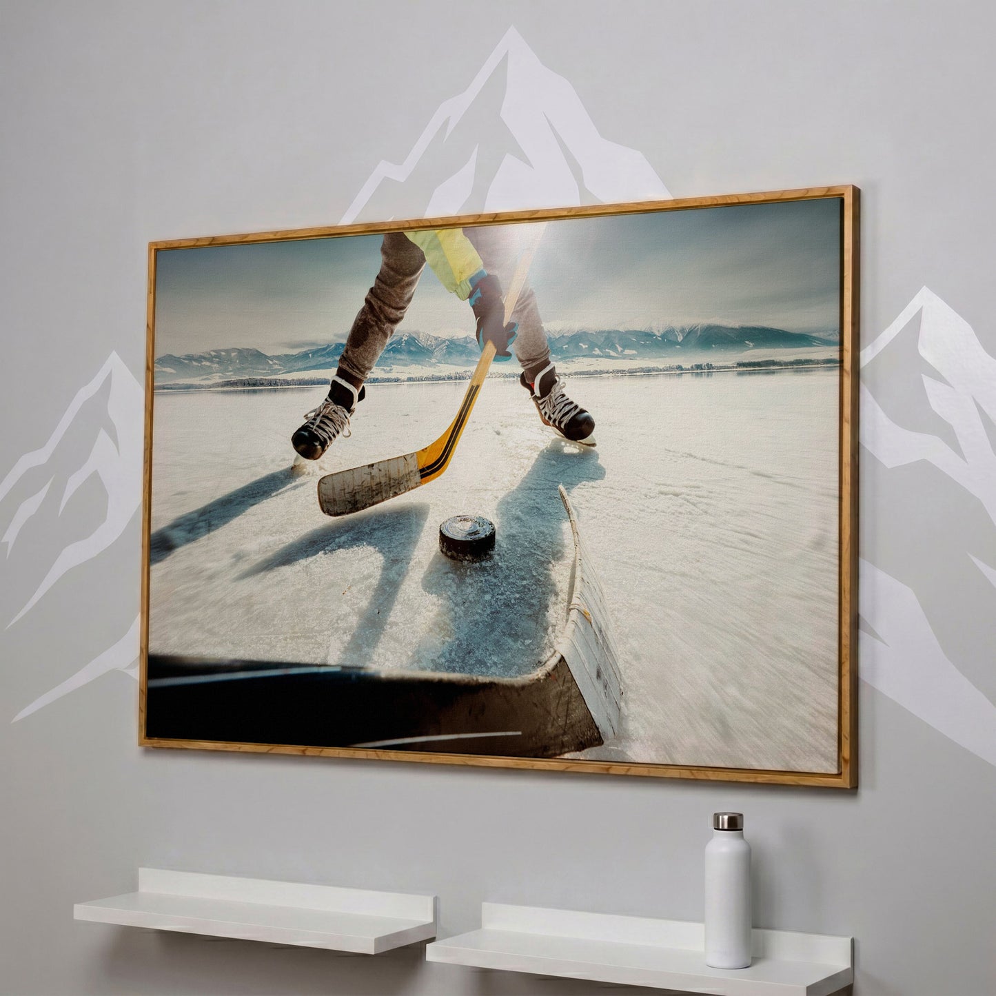 Outdoor Ice Hockey Action Canvas Wall Art with Mountain View in white oak floating frame