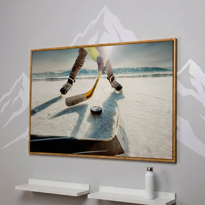 Outdoor Ice Hockey Action Canvas Wall Art with Mountain View in white oak floating frame