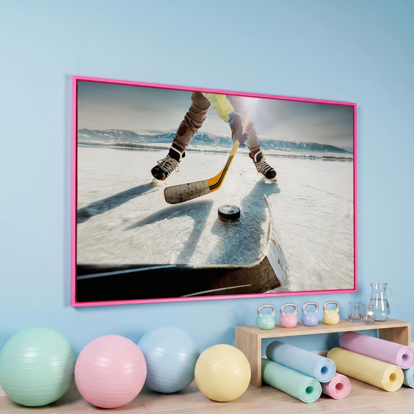 Outdoor Ice Hockey Action Canvas Wall Art with Mountain View in pink floating frame