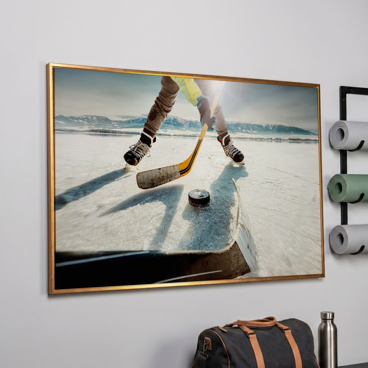 Outdoor Ice Hockey Action Canvas Wall Art with Mountain View in rose gold floating frame