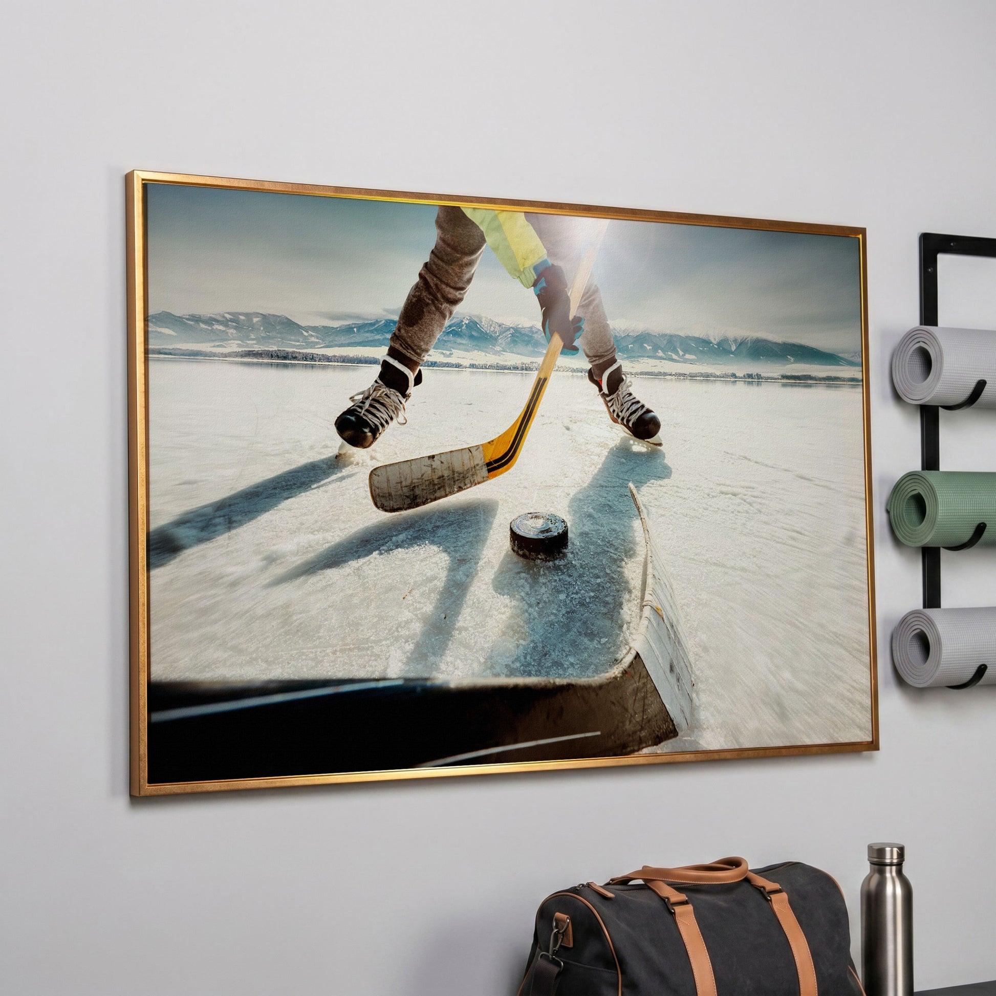 Outdoor Ice Hockey Action Canvas Wall Art with Mountain View in rose gold floating frame