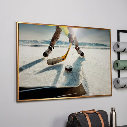 Outdoor Ice Hockey Action Canvas Wall Art with Mountain View in rose gold floating frame