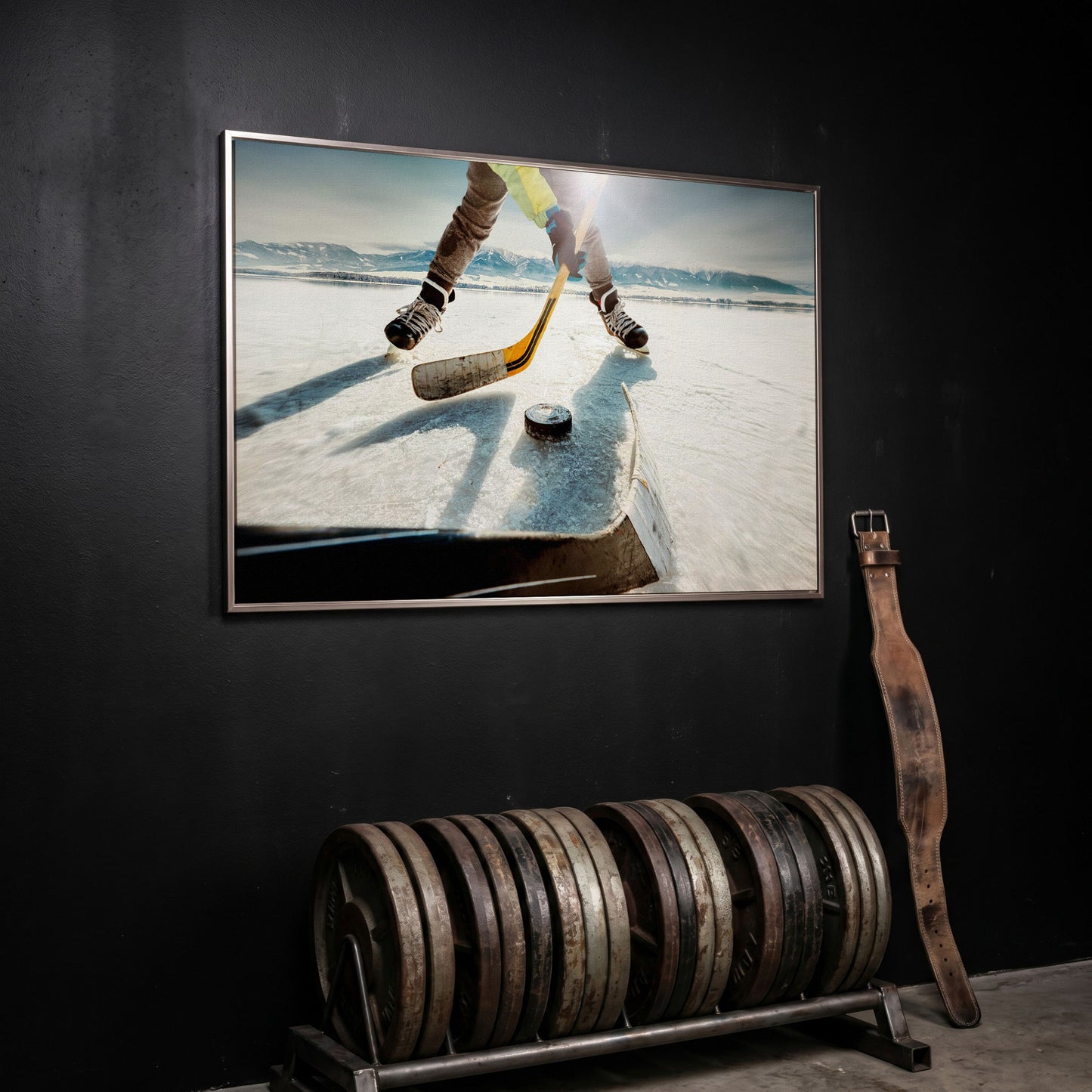 Outdoor Ice Hockey Action Canvas Wall Art with Mountain View in silver floating frame