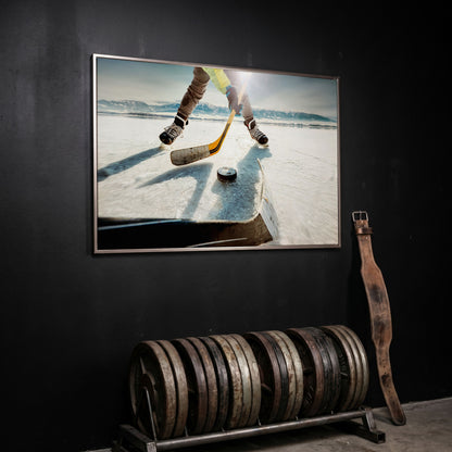 Outdoor Ice Hockey Action Canvas Wall Art with Mountain View in silver floating frame