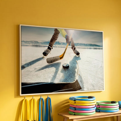 Outdoor Ice Hockey Action Canvas Wall Art with Mountain View in white floating frame