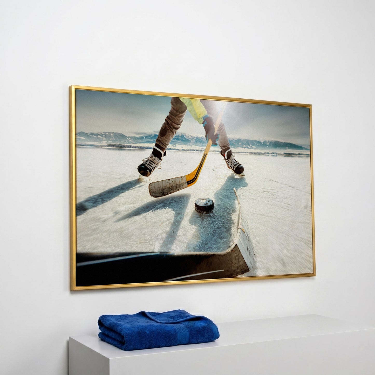 Outdoor Ice Hockey Action Canvas Wall Art with Mountain View in yellow gold floating frame