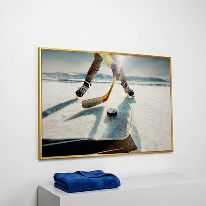Outdoor Ice Hockey Action Canvas Wall Art with Mountain View in yellow gold floating frame