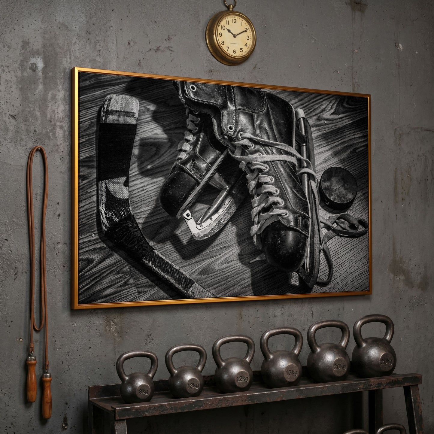 Vintage Ice Hockey Skates Still Life Canvas Wall Art in antique gold floating frame