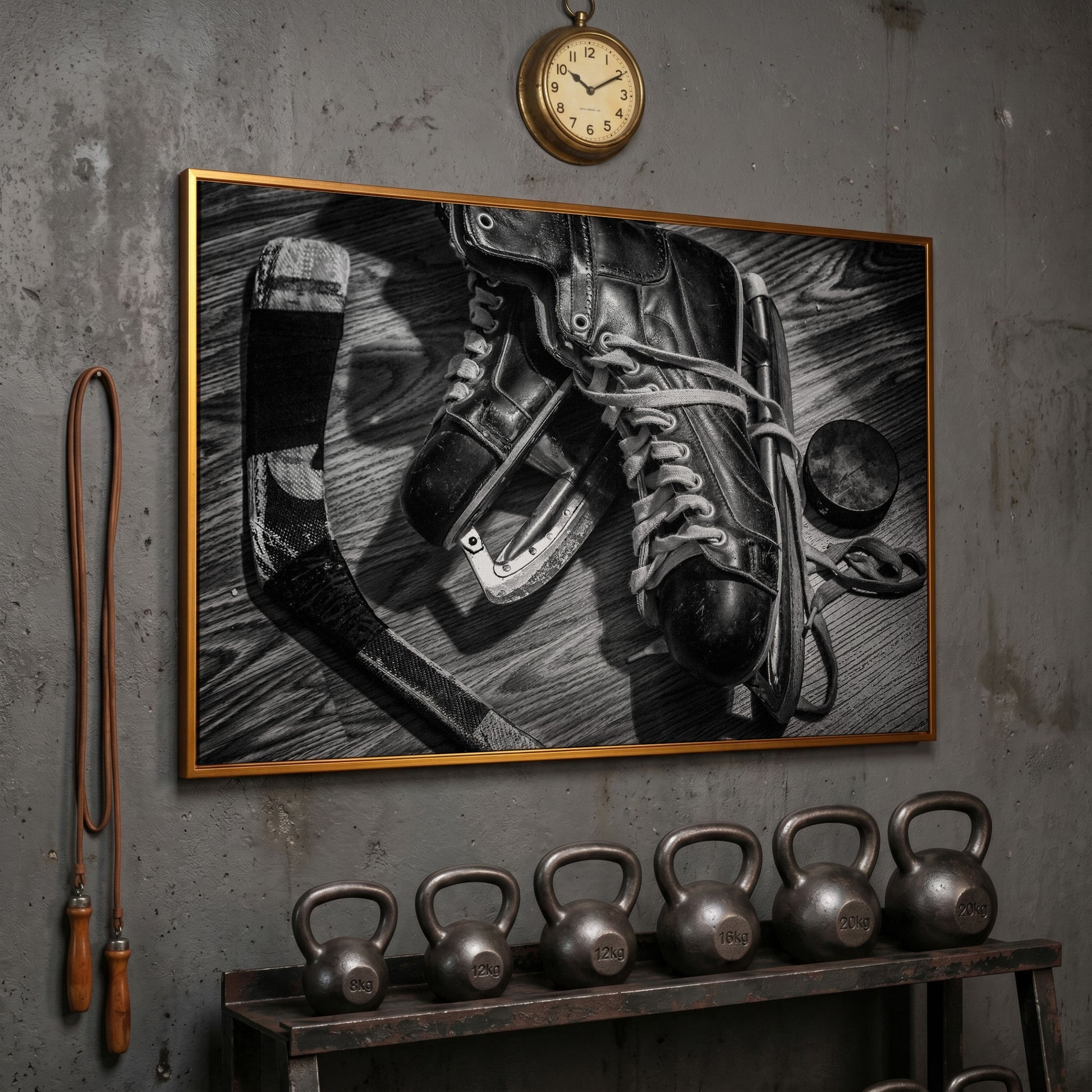 Vintage Ice Hockey Skates Still Life Canvas Wall Art in antique gold floating frame