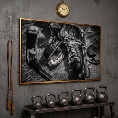 Vintage Ice Hockey Skates Still Life Canvas Wall Art in antique gold floating frame