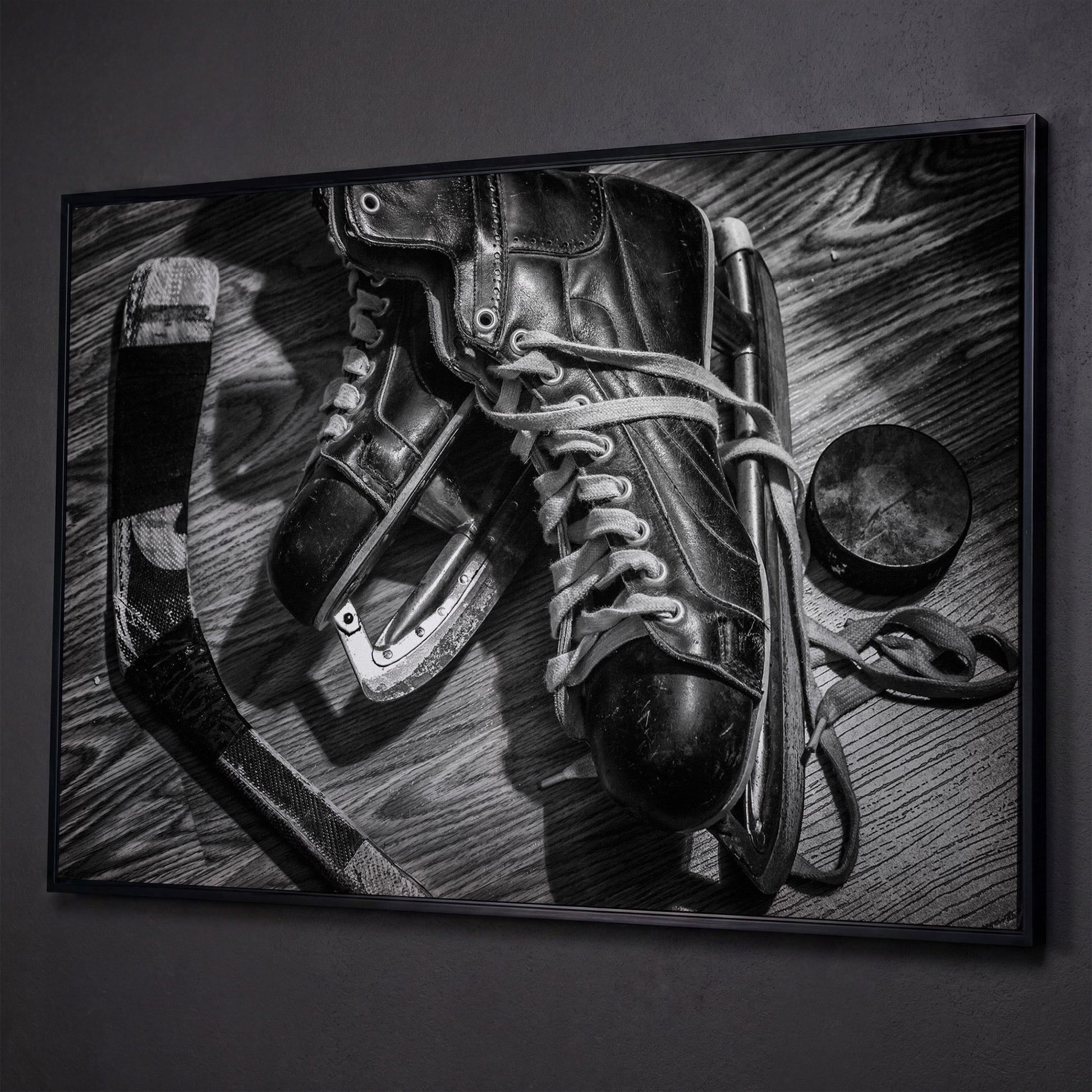 Vintage Ice Hockey Skates Still Life Canvas Wall Art shown in black floating frame