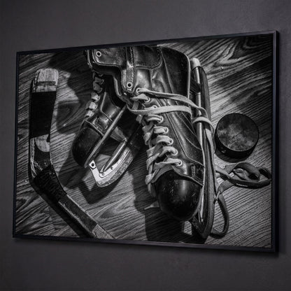 Vintage Ice Hockey Skates Still Life Canvas Wall Art shown in black floating frame
