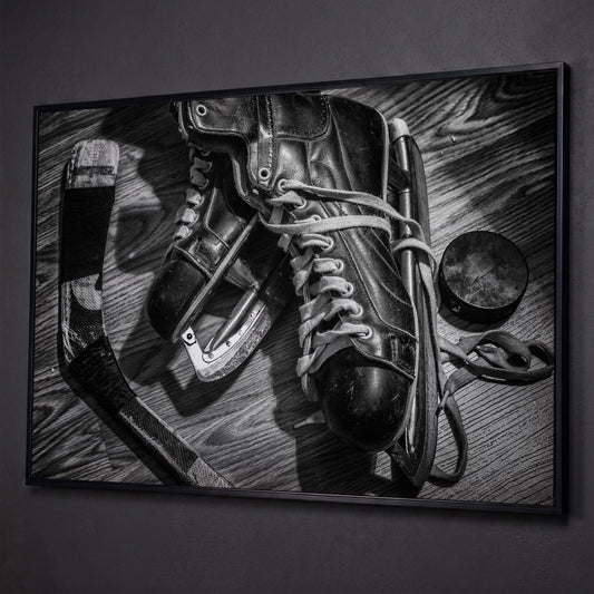 Vintage Ice Hockey Skates Still Life Canvas Wall Art shown in black floating frame