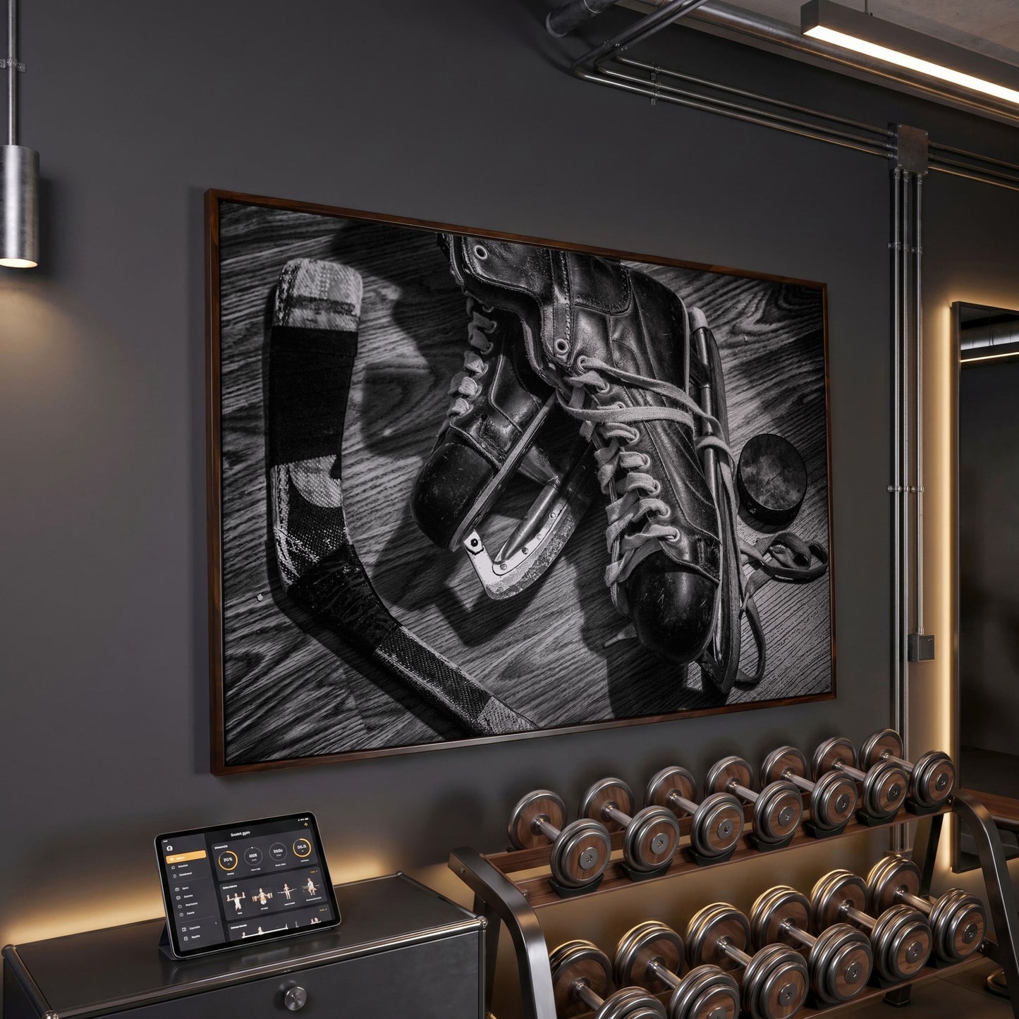 Vintage Ice Hockey Skates Still Life Canvas Wall Art in dark walnut floating frame