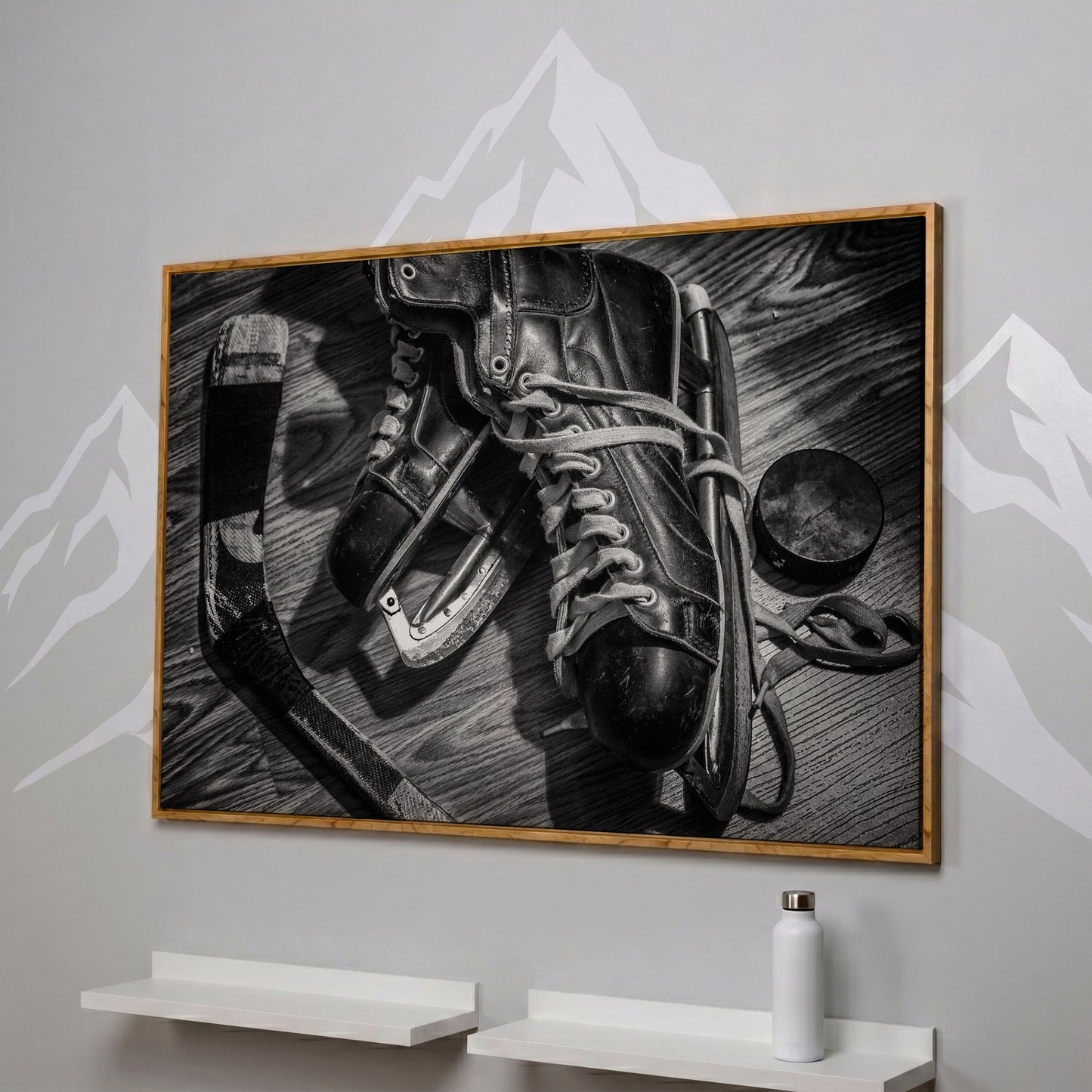 Vintage Ice Hockey Skates Still Life Canvas Wall Art in white oak floating frame