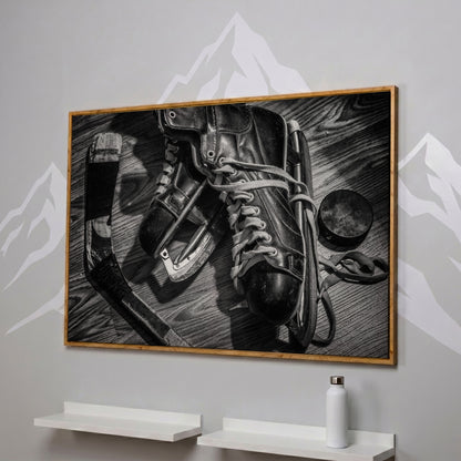 Vintage Ice Hockey Skates Still Life Canvas Wall Art in white oak floating frame