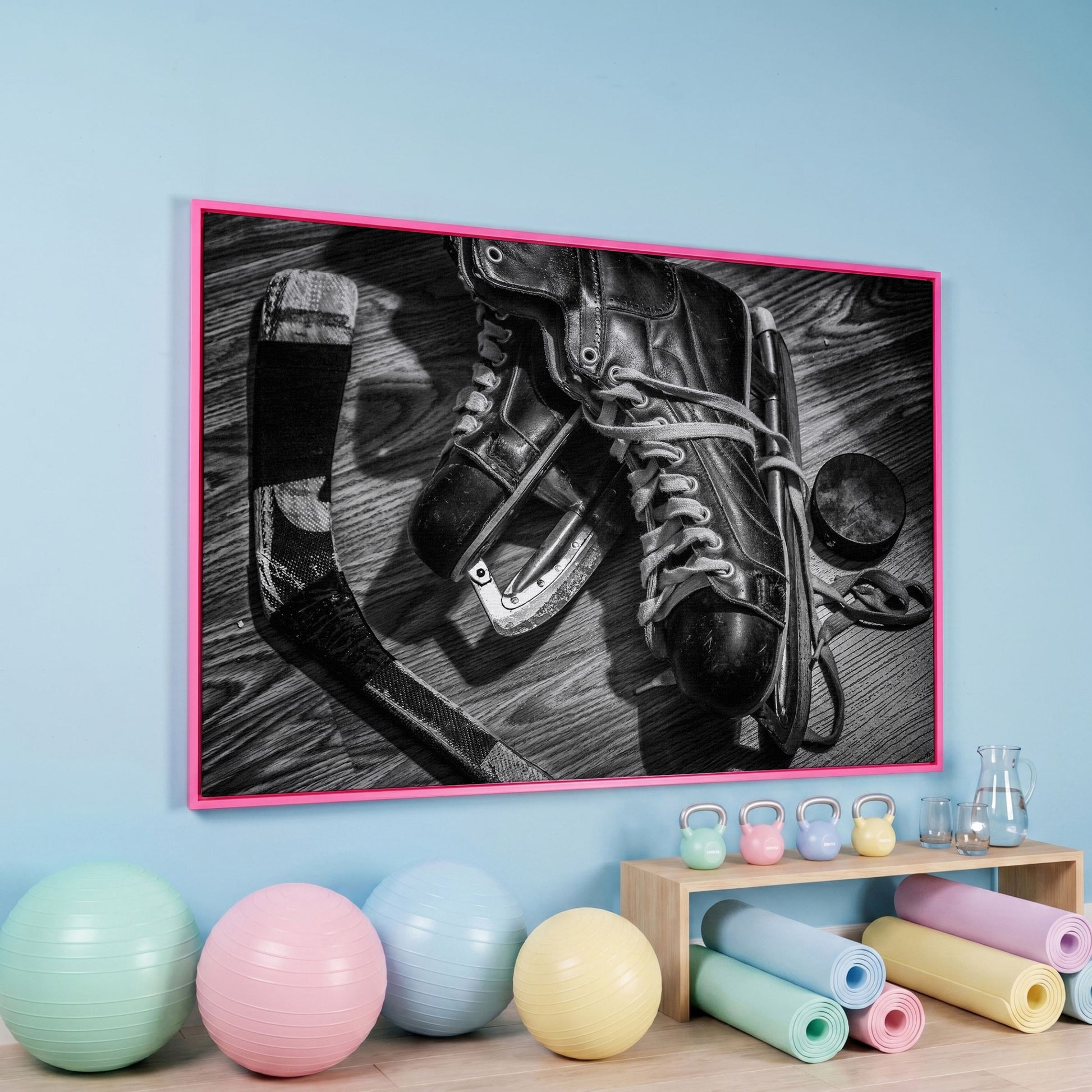 Vintage Ice Hockey Skates Still Life Canvas Wall Art in pink floating frame