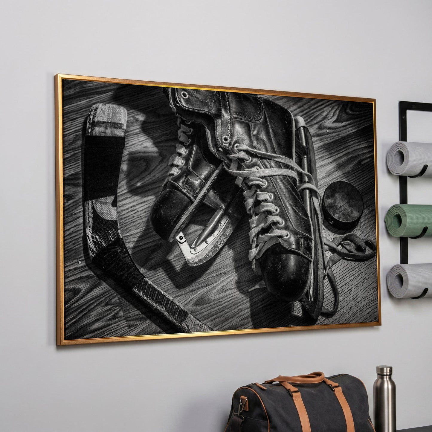 Vintage Ice Hockey Skates Still Life Canvas Wall Art in rose gold floating frame
