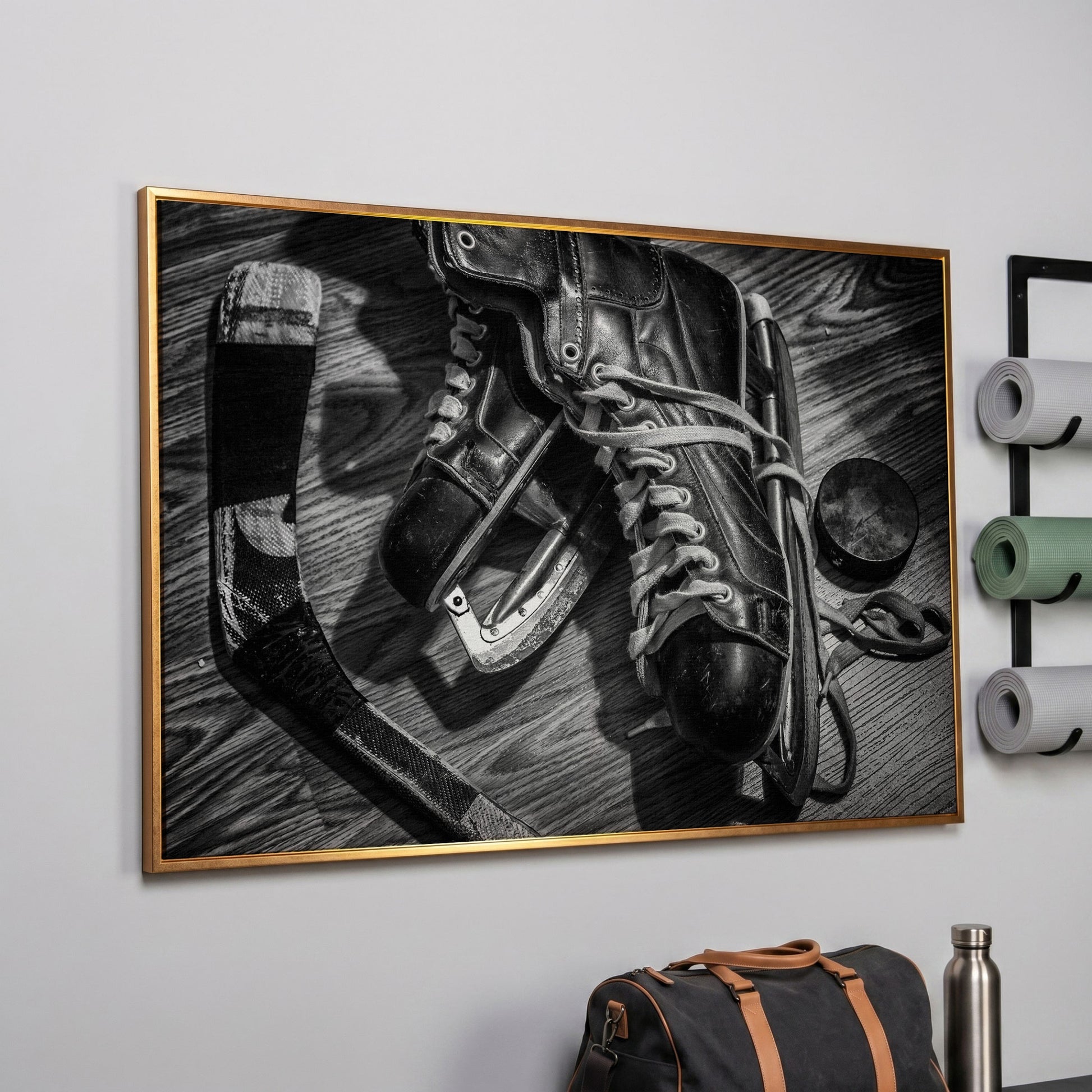Vintage Ice Hockey Skates Still Life Canvas Wall Art in rose gold floating frame