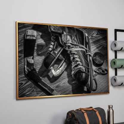 Vintage Ice Hockey Skates Still Life Canvas Wall Art in rose gold floating frame
