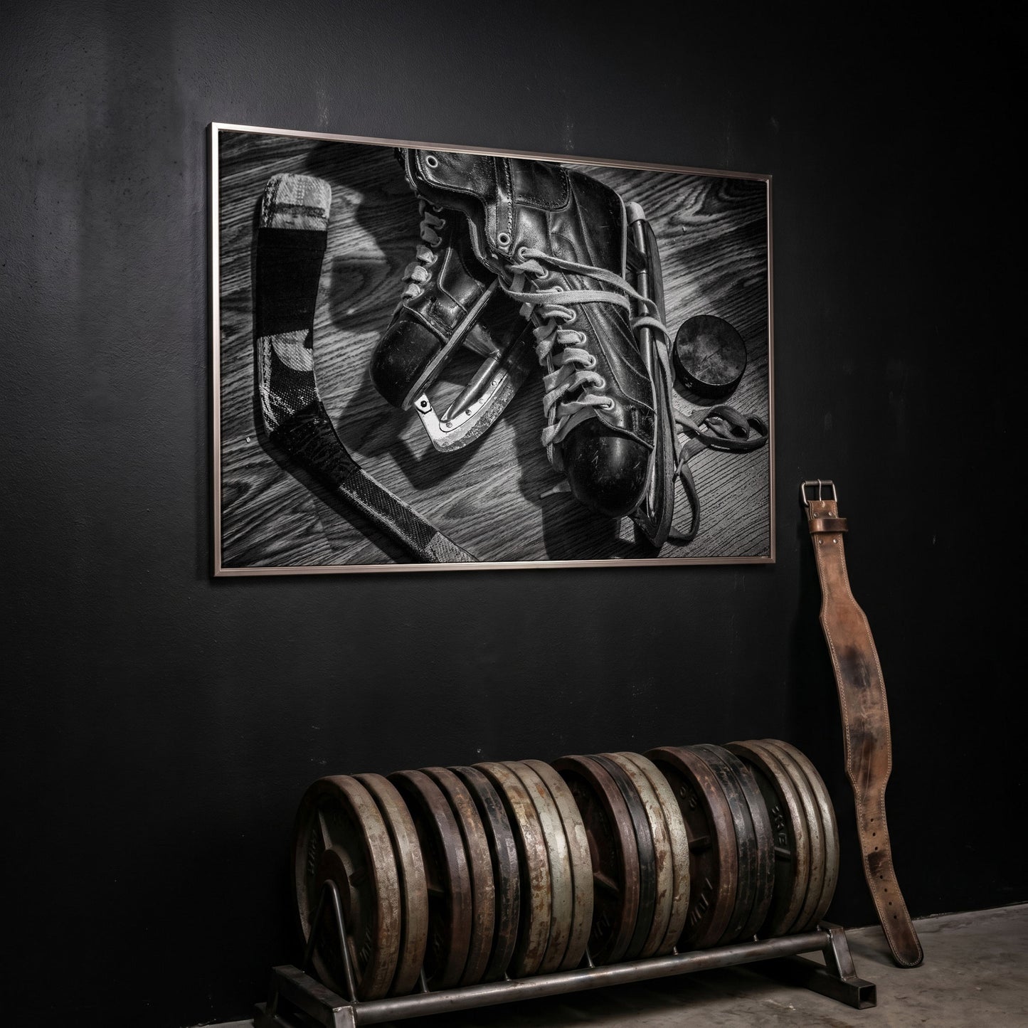 Vintage Ice Hockey Skates Still Life Canvas Wall Art in silver floating frame