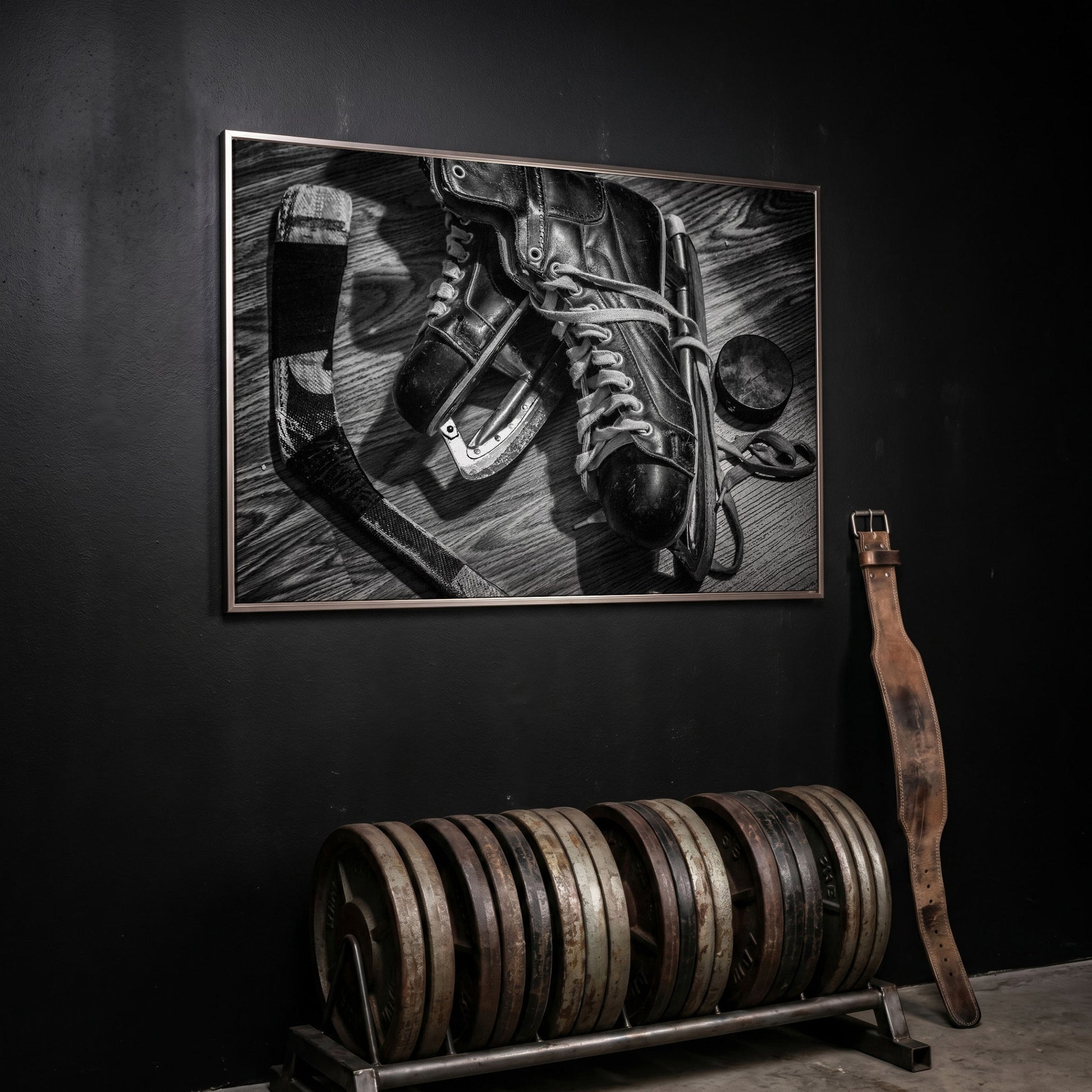 Vintage Ice Hockey Skates Still Life Canvas Wall Art in silver floating frame