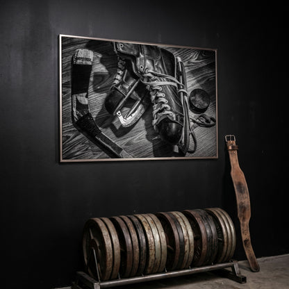 Vintage Ice Hockey Skates Still Life Canvas Wall Art in silver floating frame