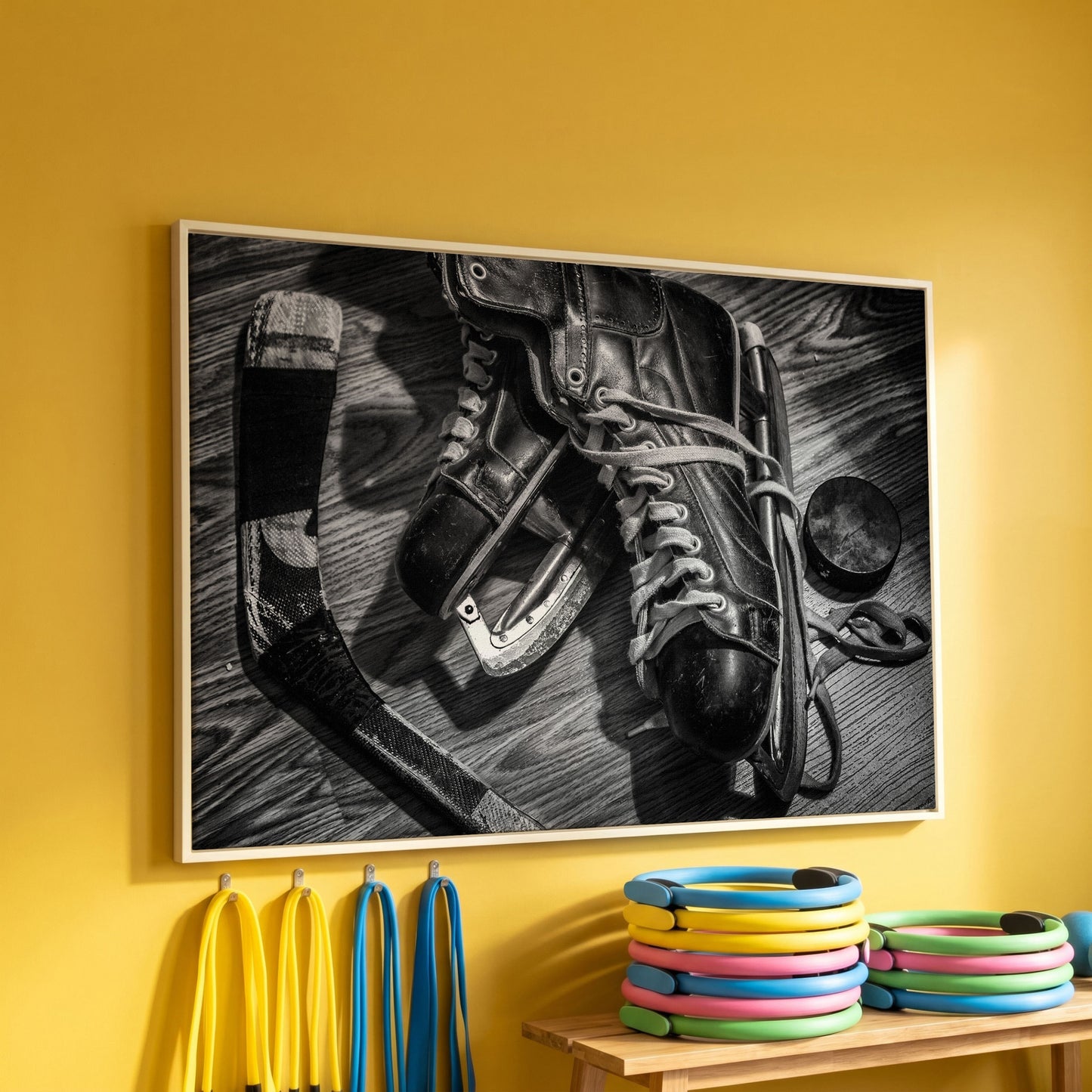 Vintage Ice Hockey Skates Still Life Canvas Wall Art in white floating frame