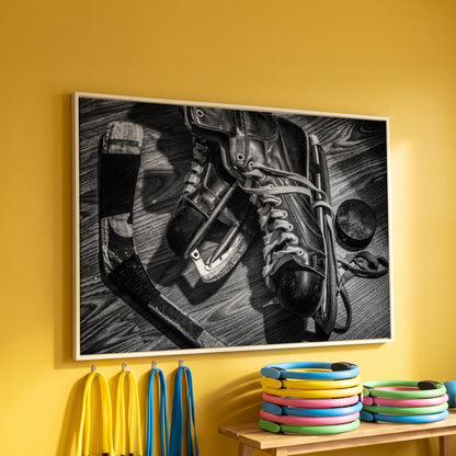 Vintage Ice Hockey Skates Still Life Canvas Wall Art in white floating frame