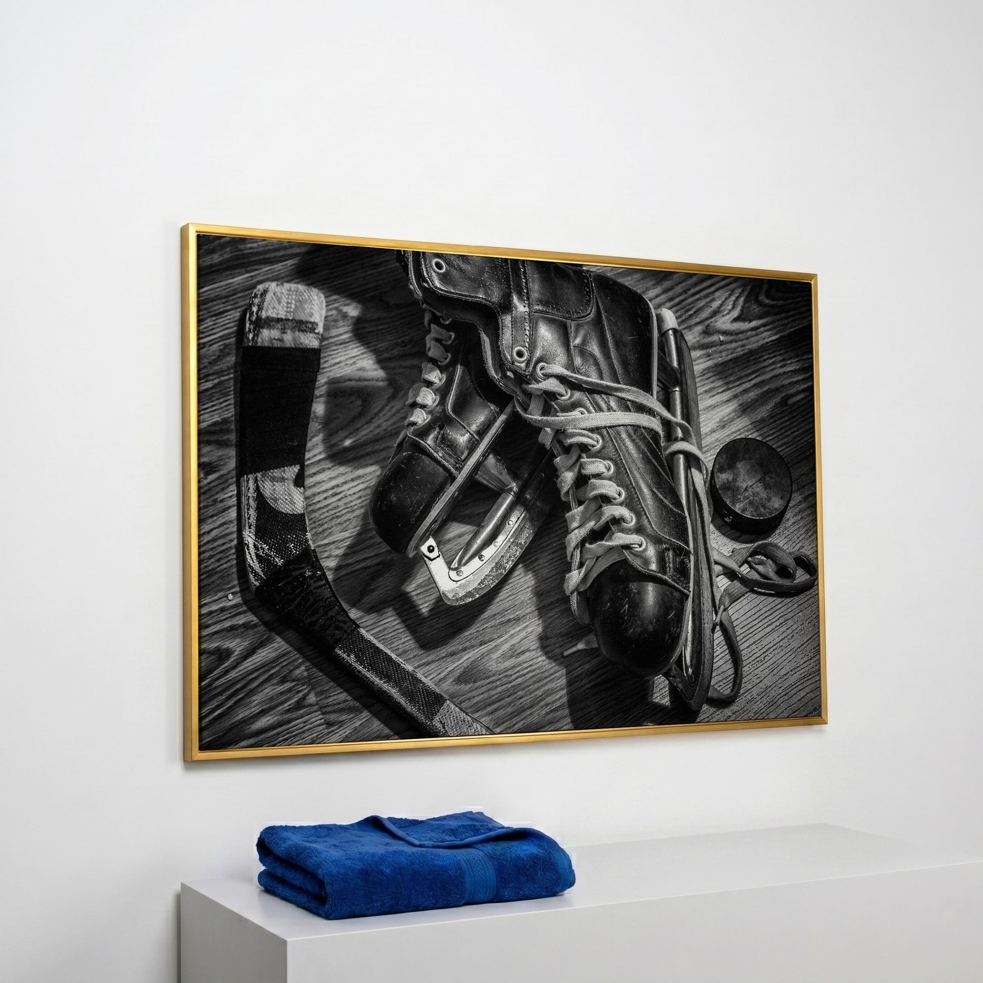 Vintage Ice Hockey Skates Still Life Canvas Wall Art in yellow gold floating frame