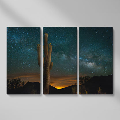 Saguaro and the Milky Way: Desert Night Sky Canvas Art as 3-panel split version